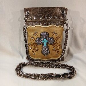 Western Crossbody Purse – Turquoise Cross Detail – Brown/Gold